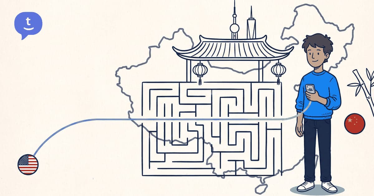 Illustration: calling China from United States on a phone — TwinPhone guide