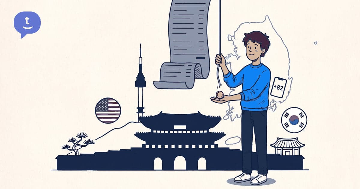 Illustration: calling South Korea from United States on a phone — TwinPhone guide