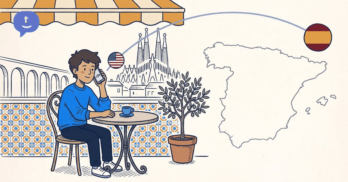 Illustration: calling Spain from United States on a phone — TwinPhone guide