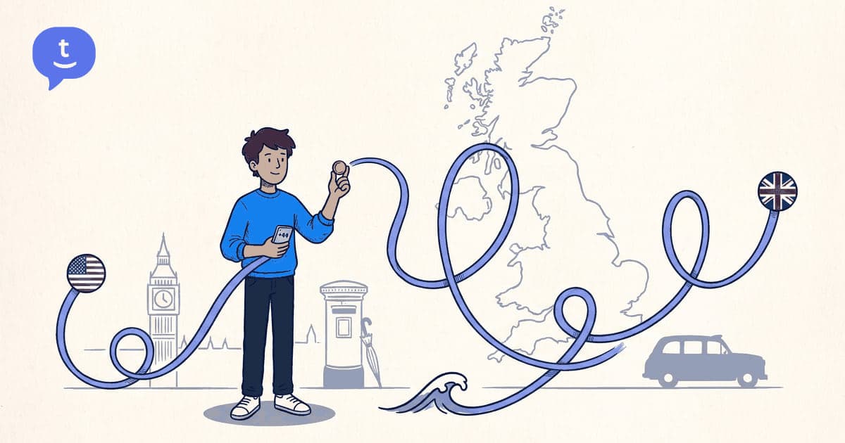 Illustration: calling United Kingdom from United States on a phone — TwinPhone guide
