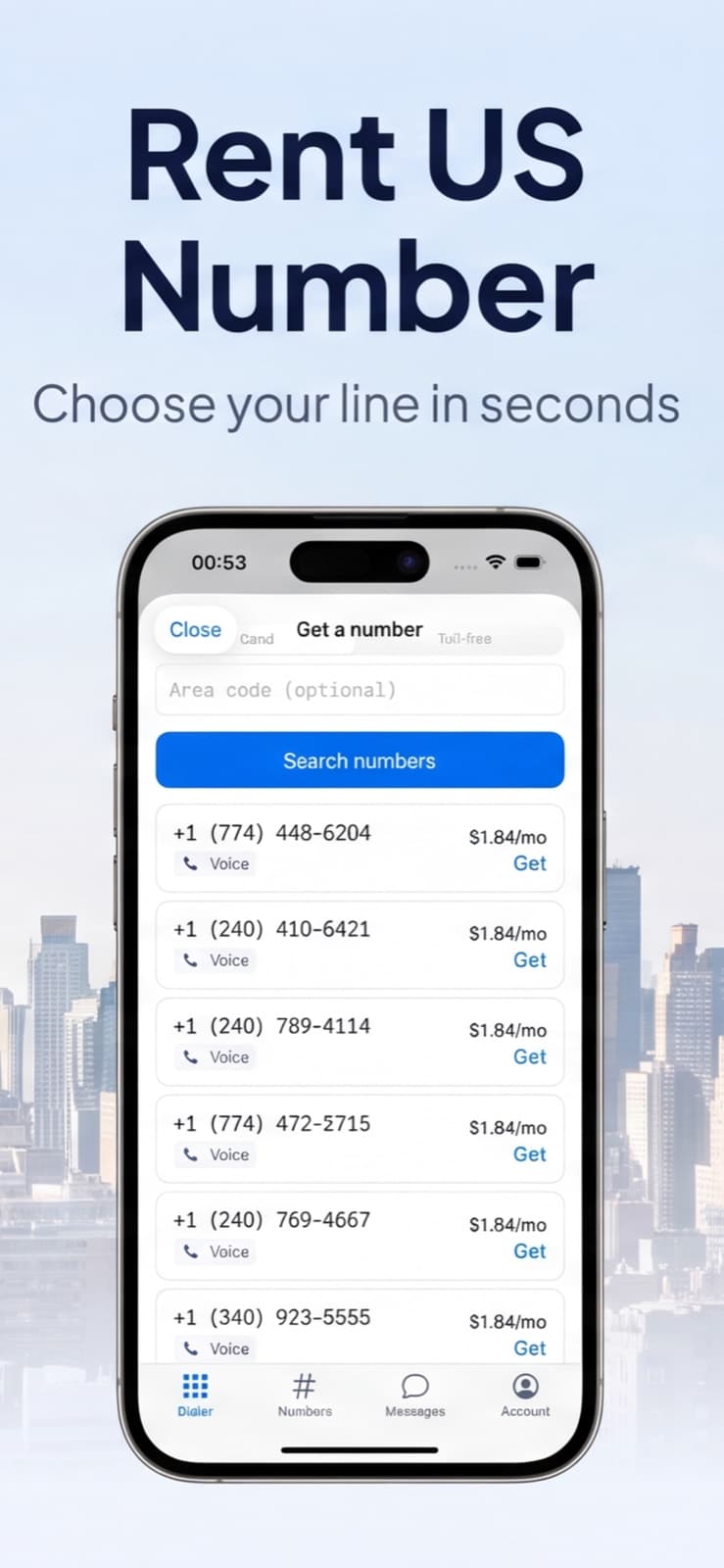 TwinPhone-Ansicht zur Auswahl einer US-Rufnummer